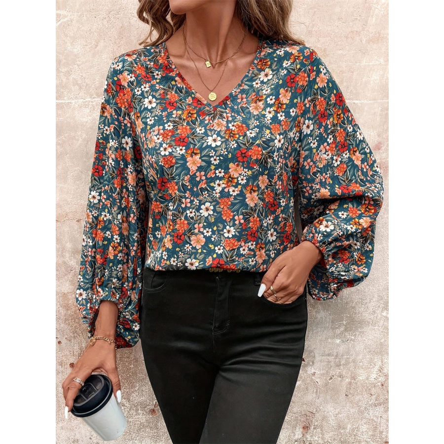 Printed V-Neck Balloon Sleeve Blouse Apparel and Accessories