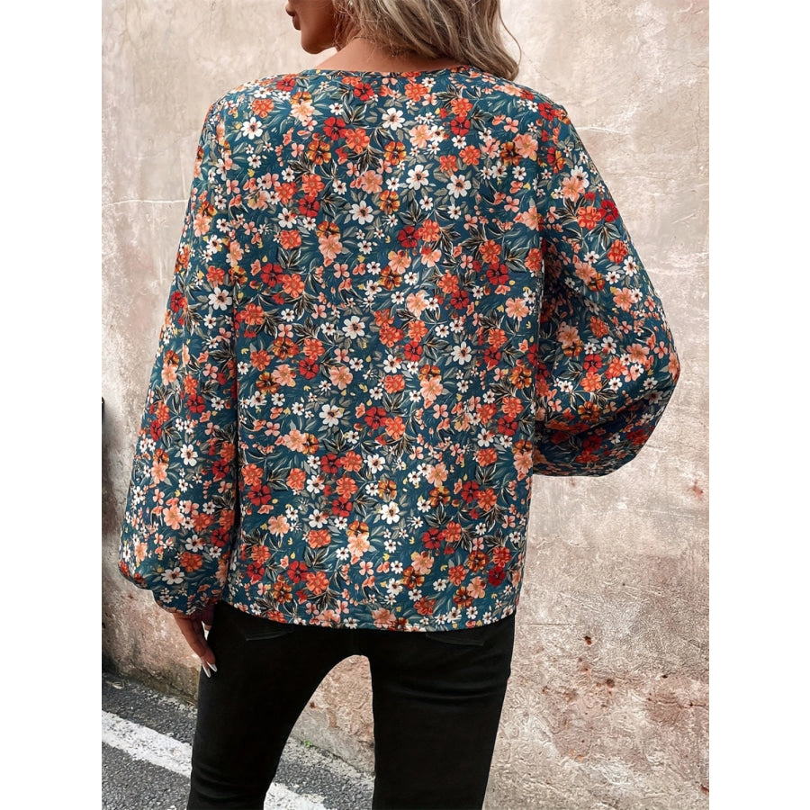 Printed V-Neck Balloon Sleeve Blouse Apparel and Accessories