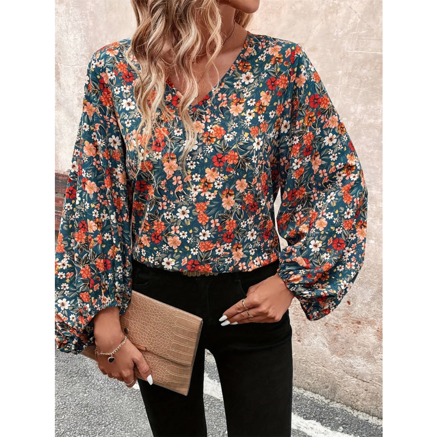 Printed V-Neck Balloon Sleeve Blouse French Blue / S Apparel and Accessories