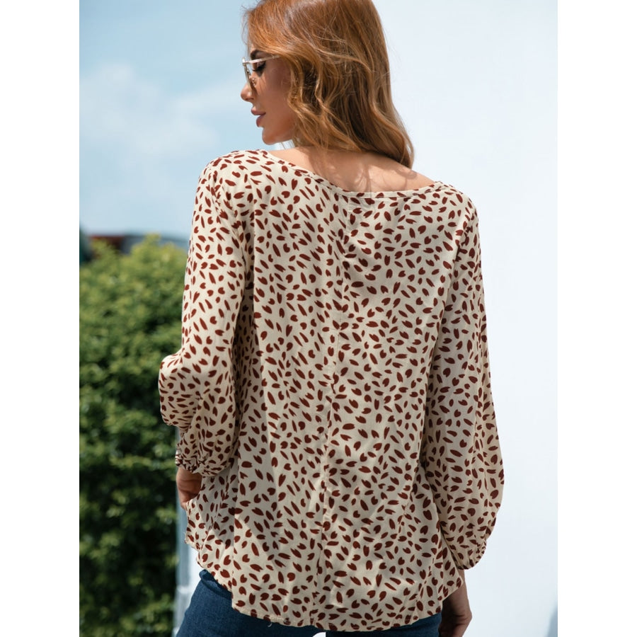 Printed V-Neck Balloon Sleeve Blouse Beige / S