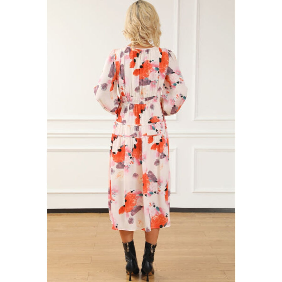 Printed V-Neck Balloon Sleeve Dress Clothing