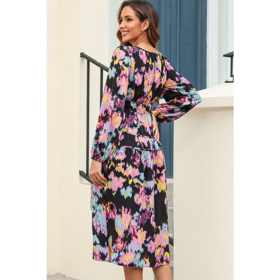 Printed V-Neck Balloon Sleeve Dress Clothing