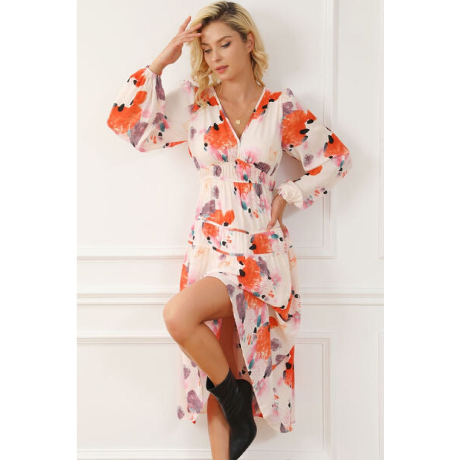 Printed V-Neck Balloon Sleeve Dress Clothing