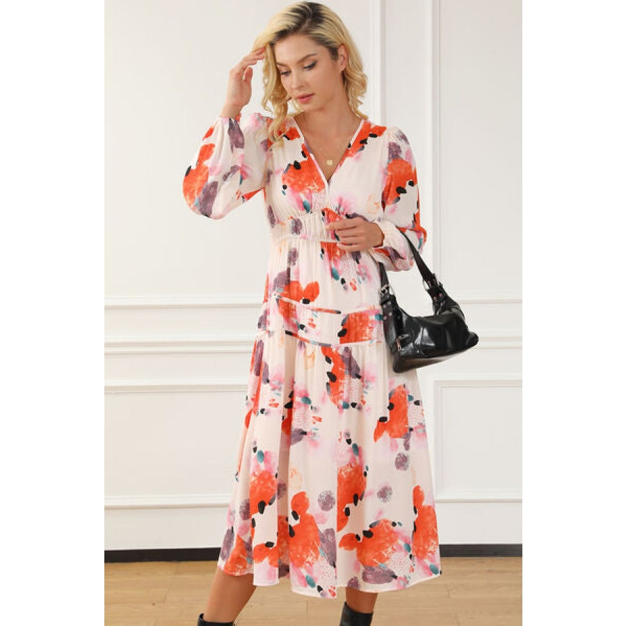 Printed V-Neck Balloon Sleeve Dress Clothing