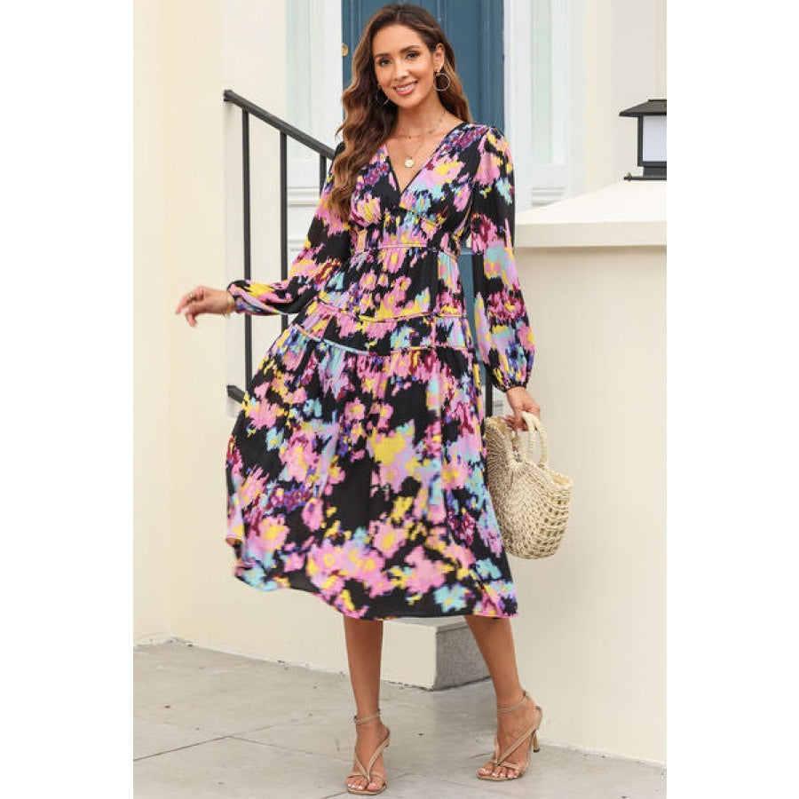 Printed V-Neck Balloon Sleeve Dress Clothing