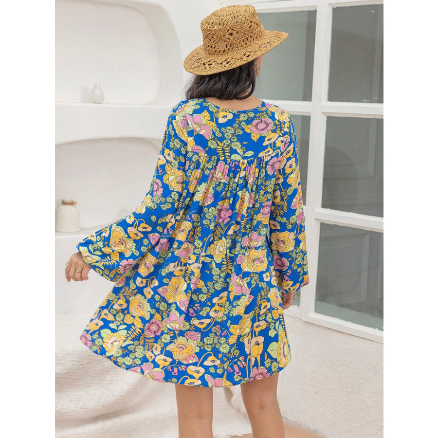 Printed V-Neck Balloon Sleeve Mini Dress Royal Blue / S Apparel and Accessories