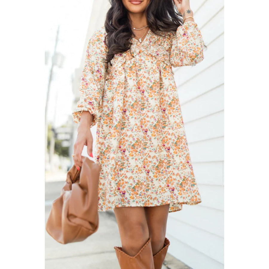 Printed V-Neck Balloon Sleeve Mini Dress Sherbet / S Apparel and Accessories