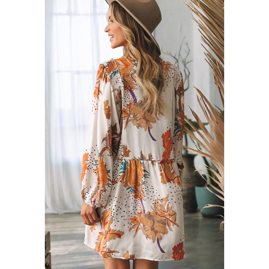 Printed V - Neck Balloon Sleeve Mini Dress Apparel and Accessories