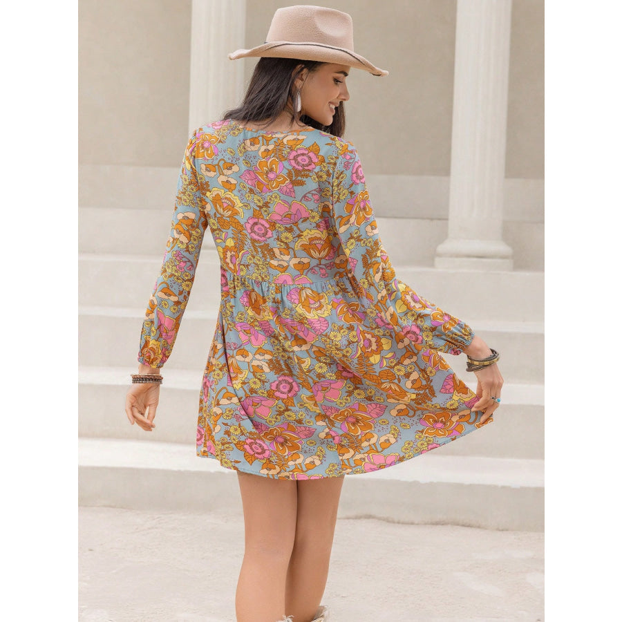 Printed V-Neck Balloon Sleeve Mini Dress Apparel and Accessories