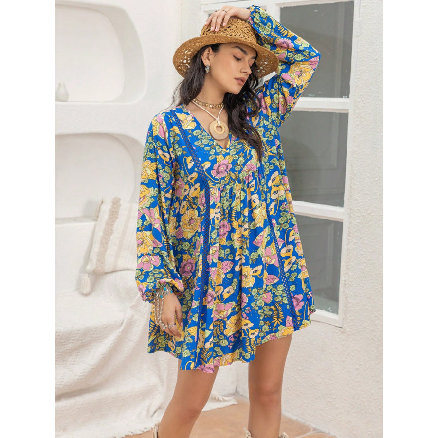 Printed V-Neck Balloon Sleeve Mini Dress Apparel and Accessories