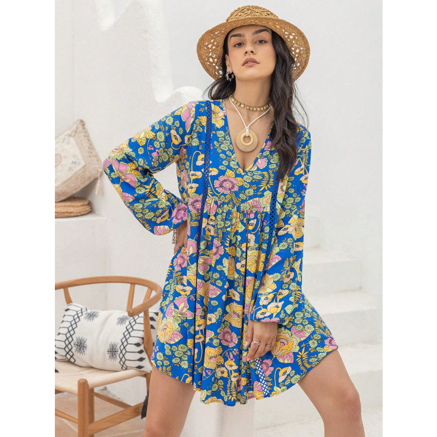 Printed V-Neck Balloon Sleeve Mini Dress Apparel and Accessories