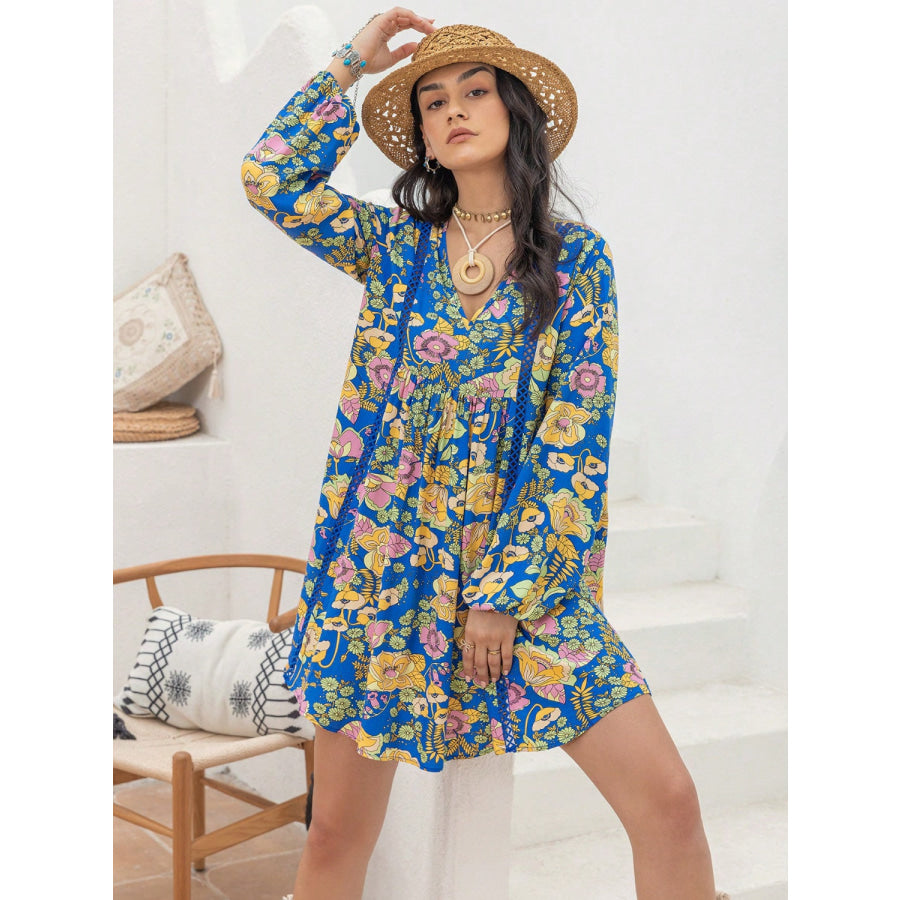 Printed V-Neck Balloon Sleeve Mini Dress Apparel and Accessories