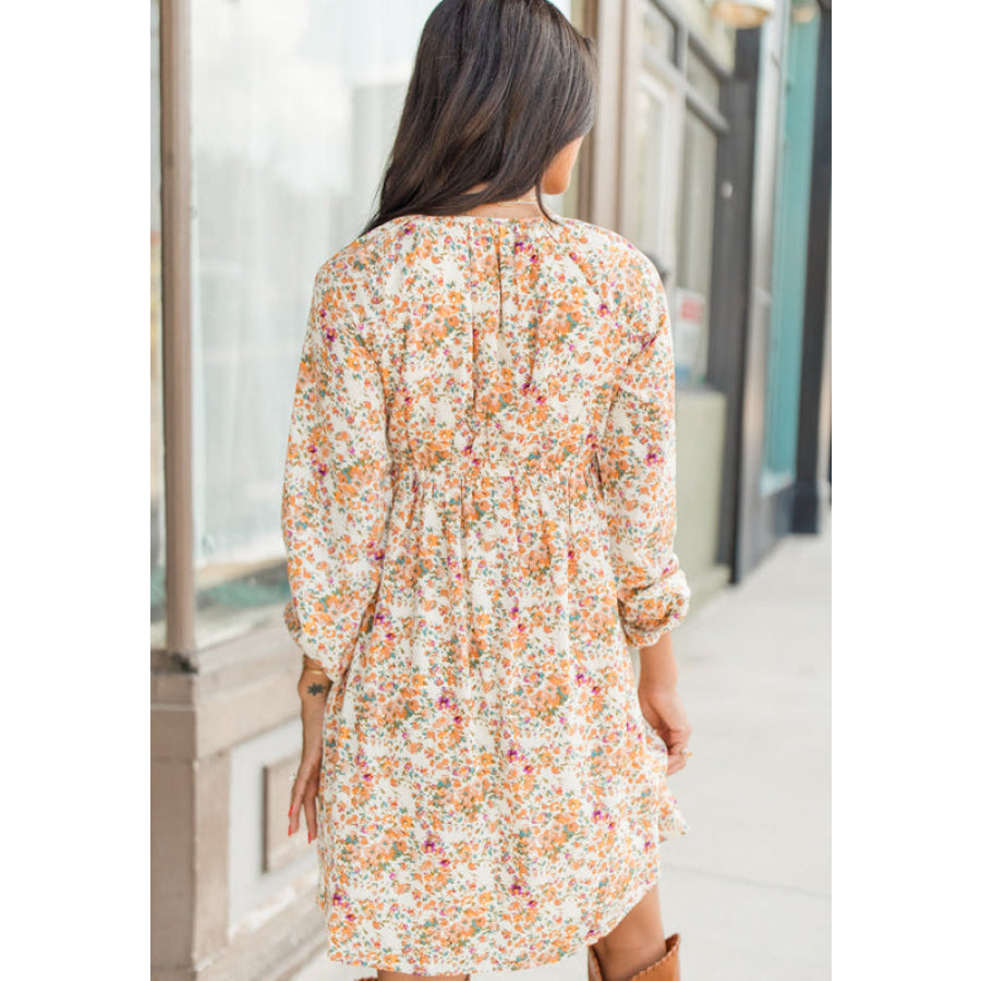 Printed V-Neck Balloon Sleeve Mini Dress Apparel and Accessories