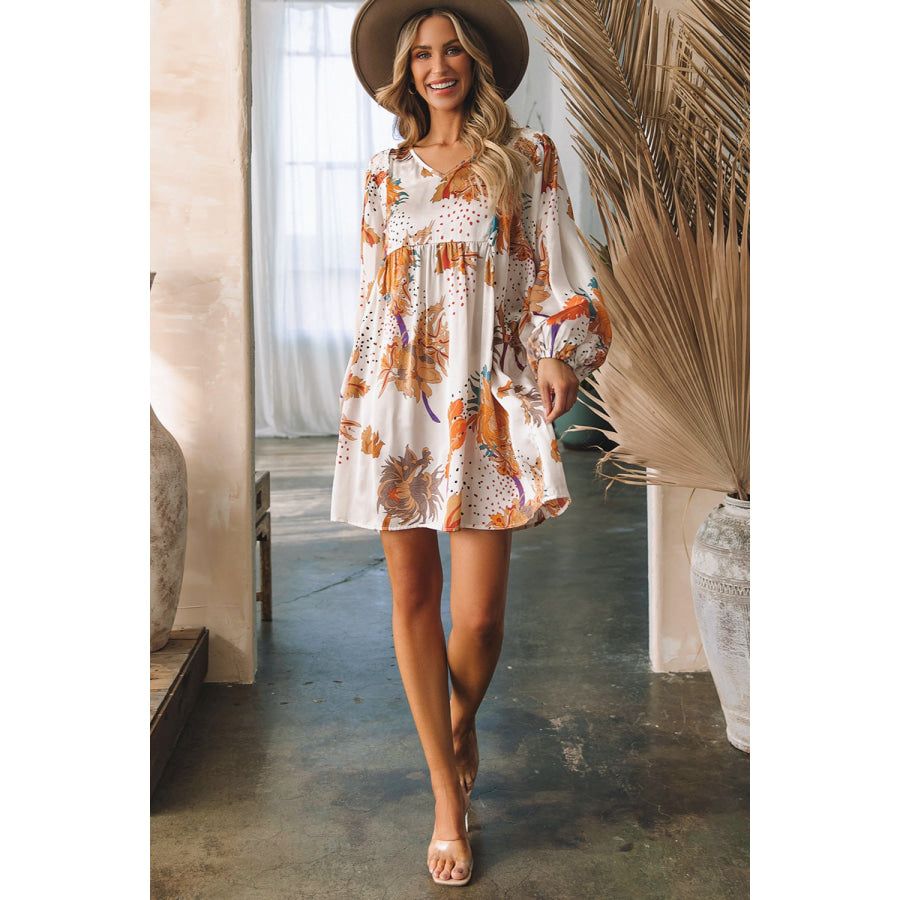 Printed V - Neck Balloon Sleeve Mini Dress Apparel and Accessories