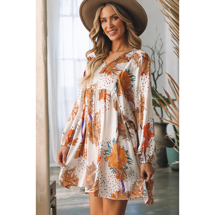 Printed V - Neck Balloon Sleeve Mini Dress Apparel and Accessories