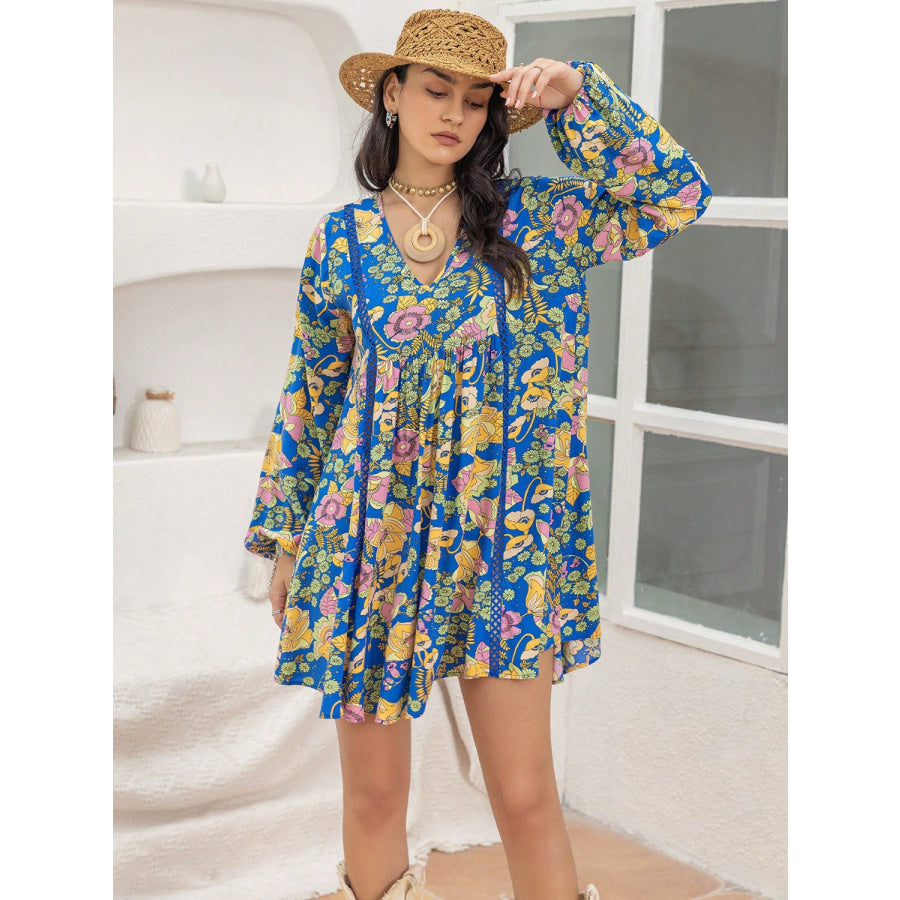 Printed V-Neck Balloon Sleeve Mini Dress Royal Blue / S Apparel and Accessories