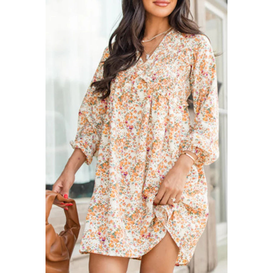 Printed V-Neck Balloon Sleeve Mini Dress Sherbet / S Apparel and Accessories