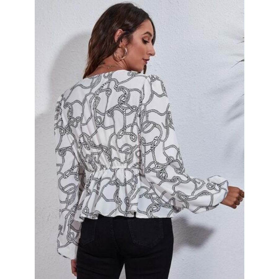 Printed V-Neck Balloon Sleeve Peplum Blouse White / S Clothing