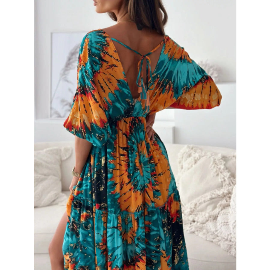 Printed V-Neck Balloon Sleeve Slit Maxi Dress Apparel and Accessories