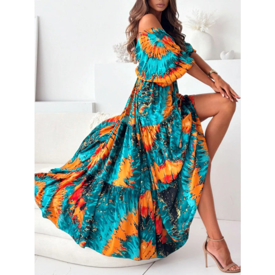 Printed V-Neck Balloon Sleeve Slit Maxi Dress Apparel and Accessories