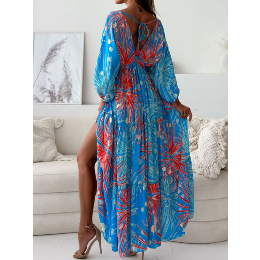 Printed V-Neck Balloon Sleeve Slit Maxi Dress Apparel and Accessories