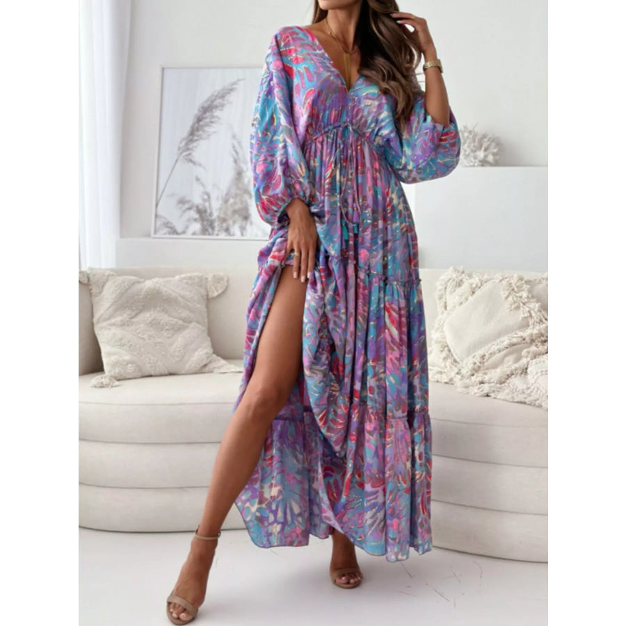 Printed V-Neck Balloon Sleeve Slit Maxi Dress Apparel and Accessories
