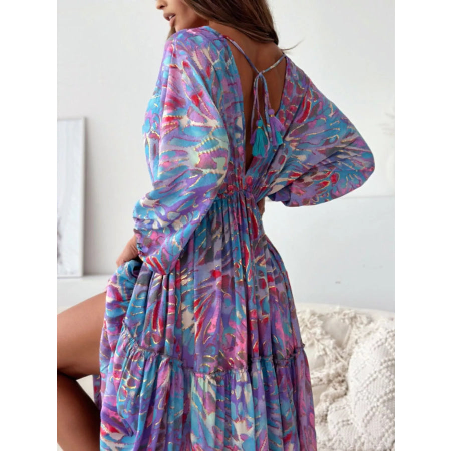 Printed V-Neck Balloon Sleeve Slit Maxi Dress Apparel and Accessories