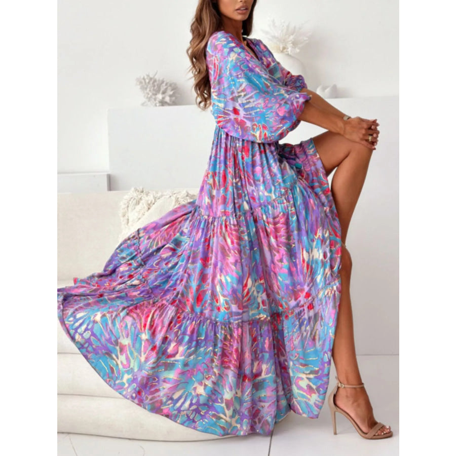 Printed V-Neck Balloon Sleeve Slit Maxi Dress Apparel and Accessories