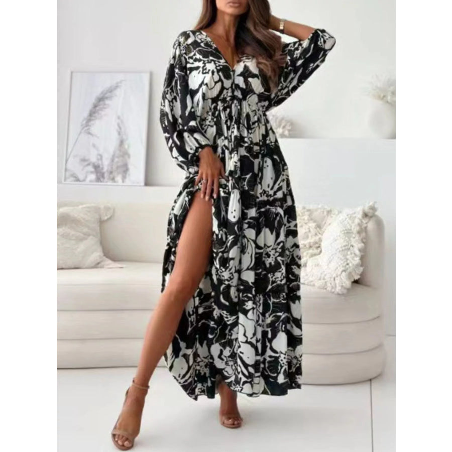 Printed V-Neck Balloon Sleeve Slit Maxi Dress Black / S Apparel and Accessories