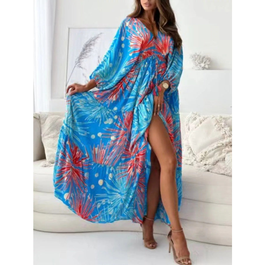 Printed V-Neck Balloon Sleeve Slit Maxi Dress Blue / S Apparel and Accessories