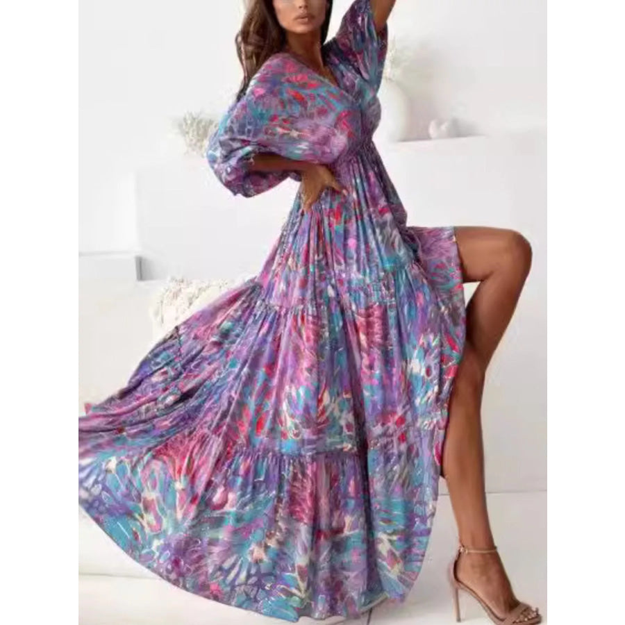 Printed V-Neck Balloon Sleeve Slit Maxi Dress Lilac / S Apparel and Accessories