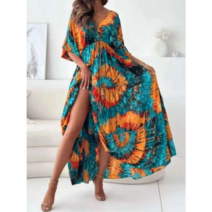 Printed V-Neck Balloon Sleeve Slit Maxi Dress Turquoise / S Apparel and Accessories