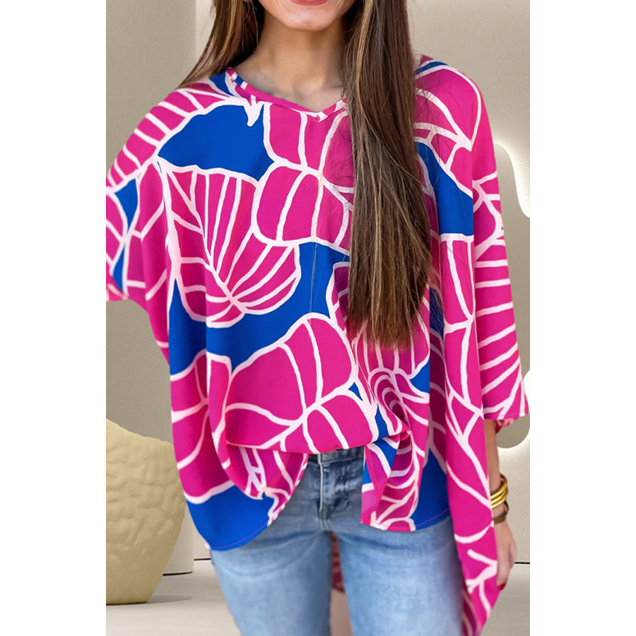 Printed V-Neck Blouse Hot Pink / S Apparel and Accessories