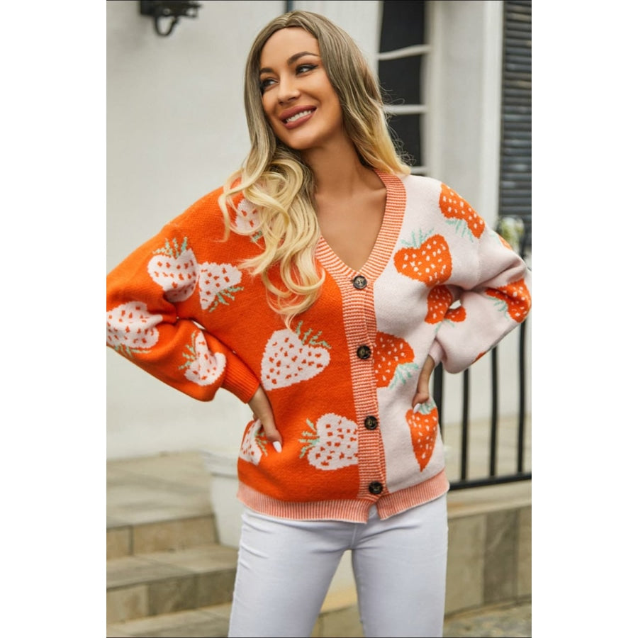 Printed V-Neck Button-Down Long Sleeve Cardigan Orange / S