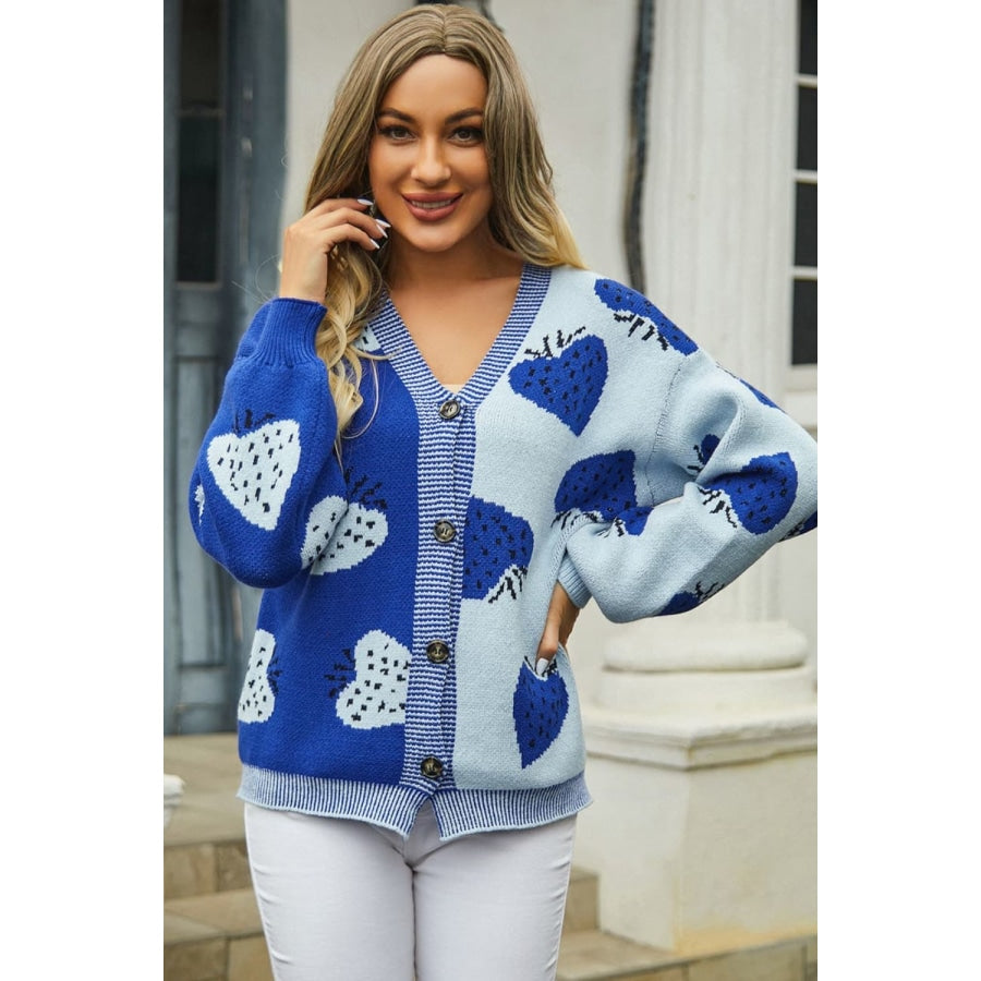 Printed V-Neck Button-Down Long Sleeve Cardigan