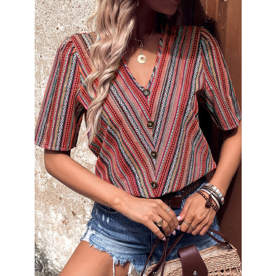 Printed V-Neck Button-Up Short Sleeve Top Deep Red / S