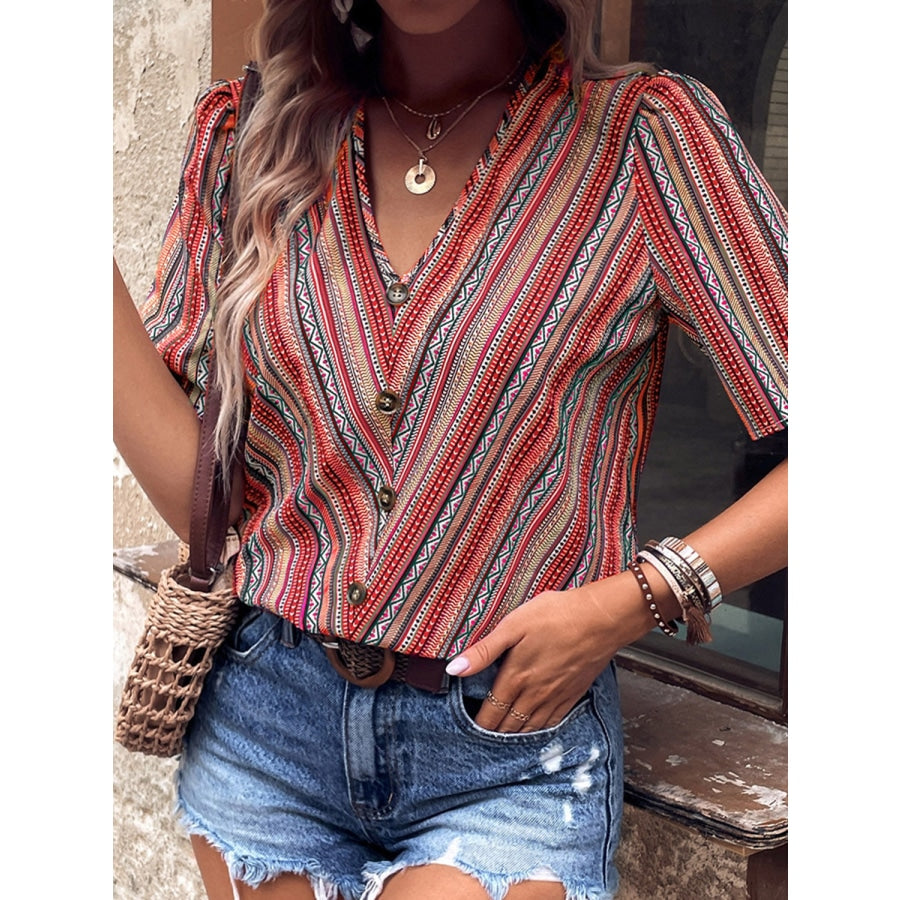 Printed V-Neck Button-Up Short Sleeve Top