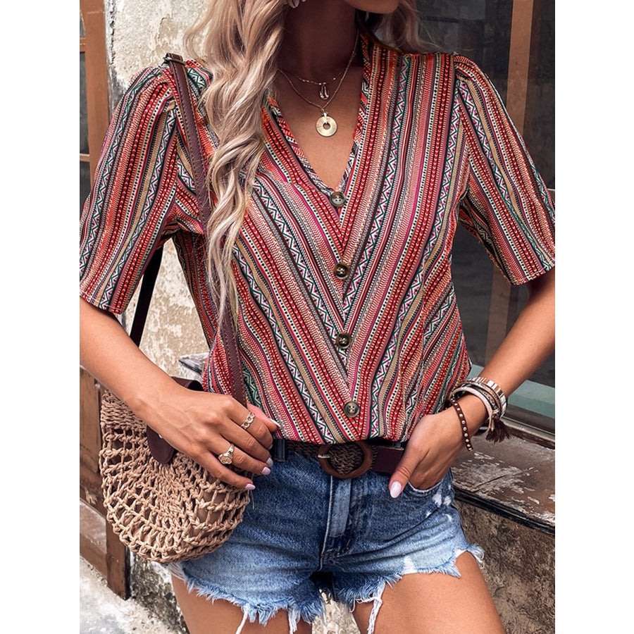 Printed V-Neck Button-Up Short Sleeve Top