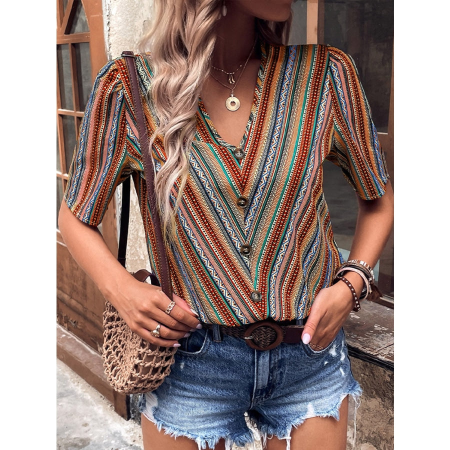 Printed V-Neck Button-Up Short Sleeve Top