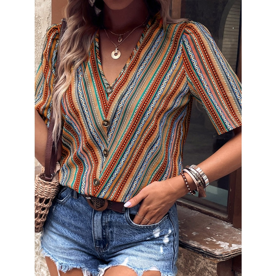 Printed V-Neck Button-Up Short Sleeve Top