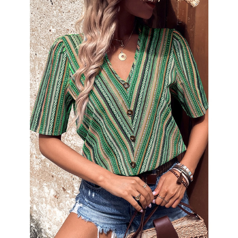 Printed V-Neck Button-Up Short Sleeve Top