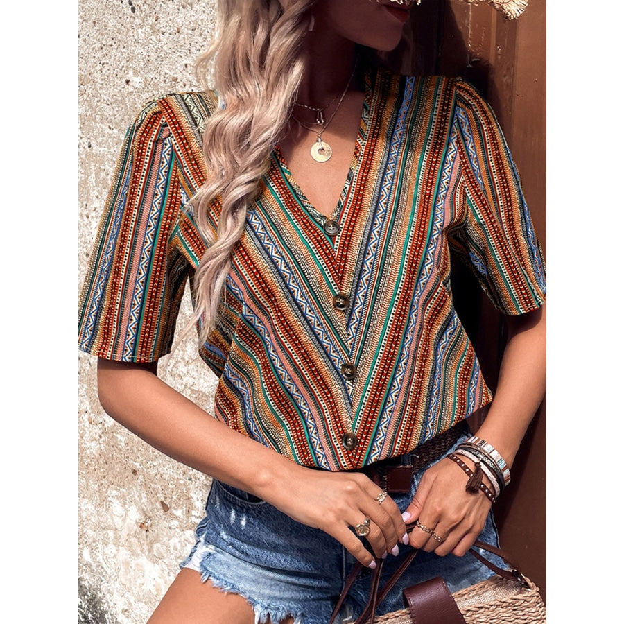 Printed V-Neck Button-Up Short Sleeve Top