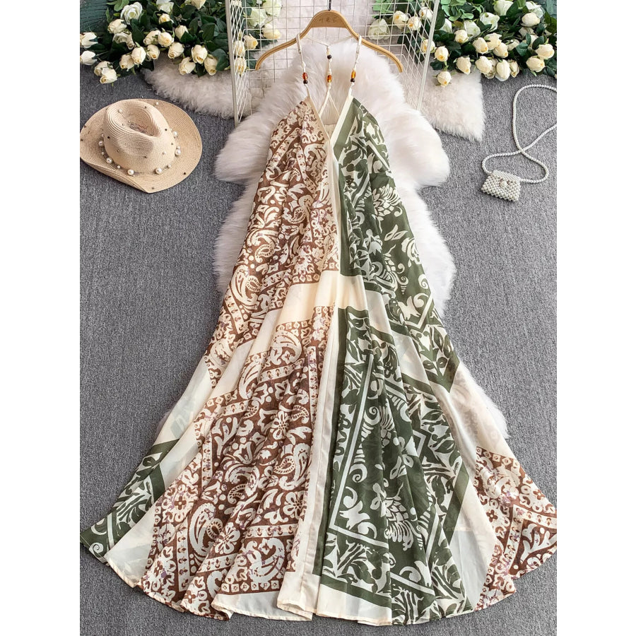 Printed V-Neck Cami Dress Green / S Apparel and Accessories