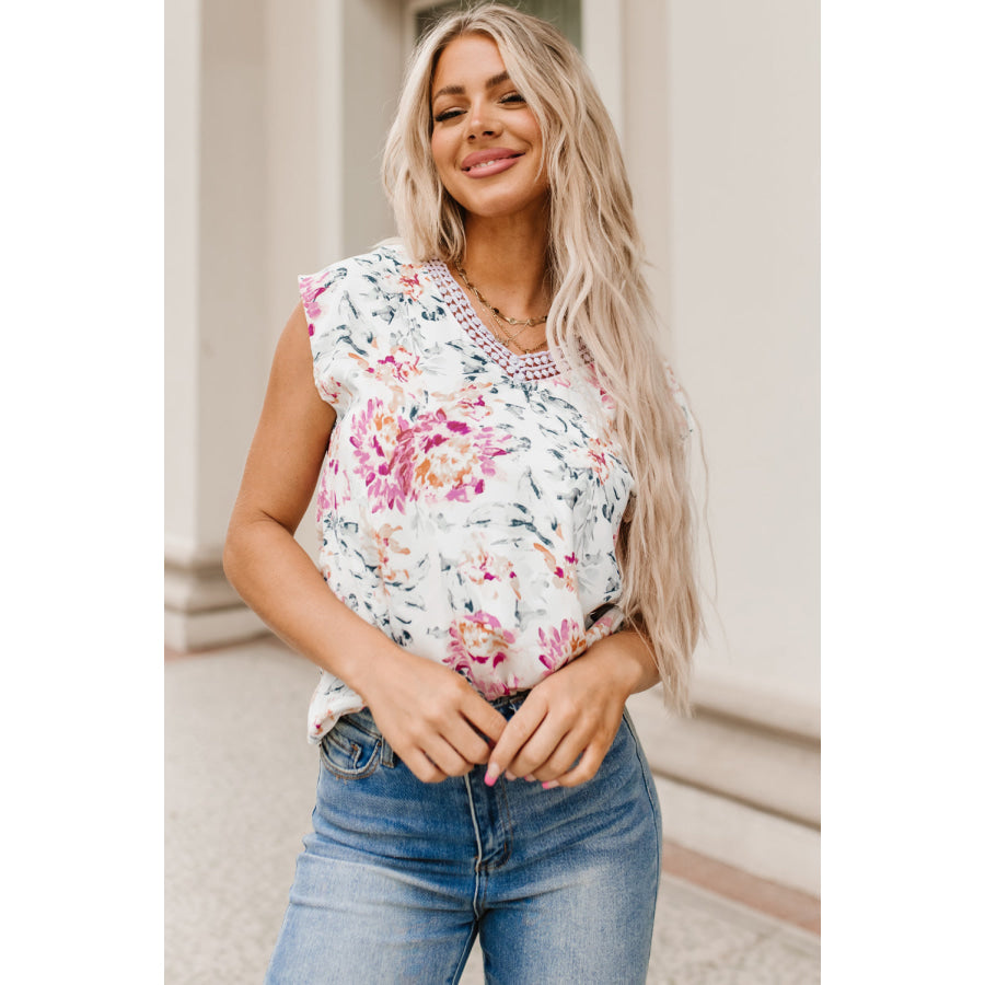 Printed V - Neck Cap Sleeve Blouse Apparel and Accessories