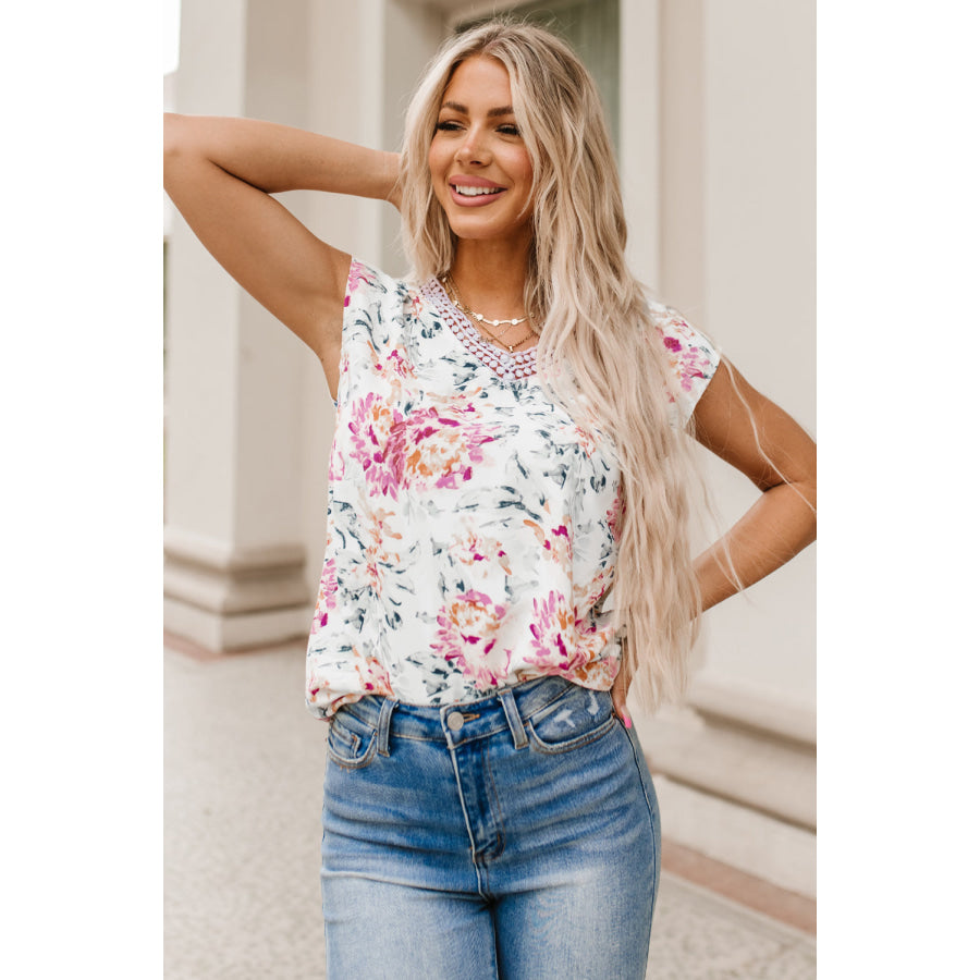 Printed V - Neck Cap Sleeve Blouse Apparel and Accessories