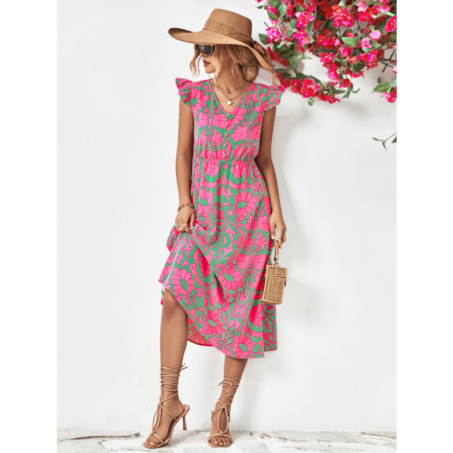 Printed V-Neck Cap Sleeve Dress Apparel and Accessories