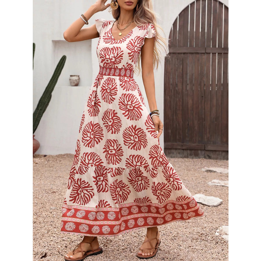 Printed V-Neck Cap Sleeve Dress Apparel and Accessories