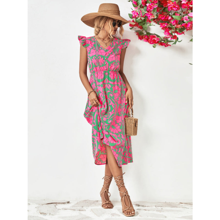 Printed V-Neck Cap Sleeve Dress Apparel and Accessories