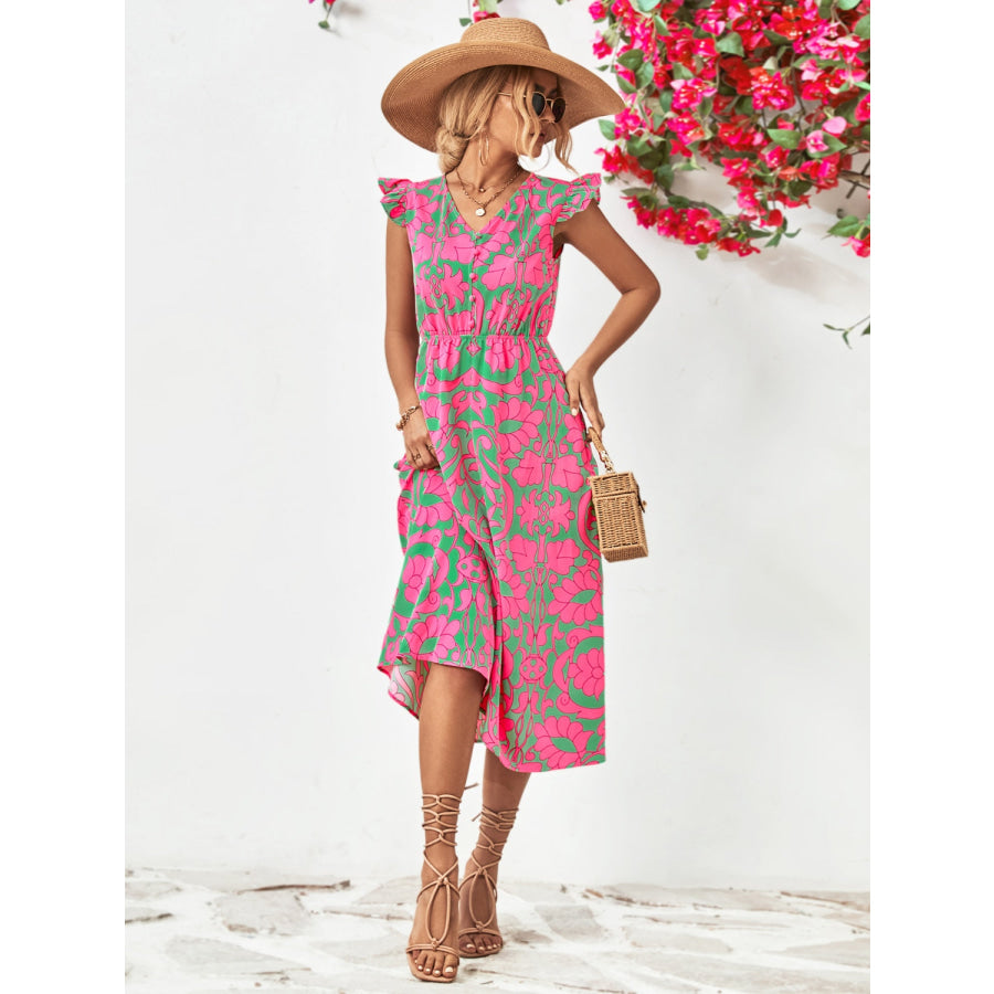 Printed V-Neck Cap Sleeve Dress Apparel and Accessories