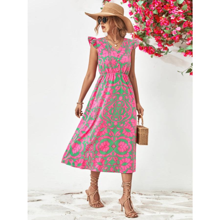 Printed V-Neck Cap Sleeve Dress Apparel and Accessories